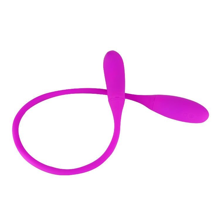 Lila Vibrator mit zwei Enden, verbunden durch einen flexiblen Stiel. Abgerundete Formen, glatte Oberfläche.