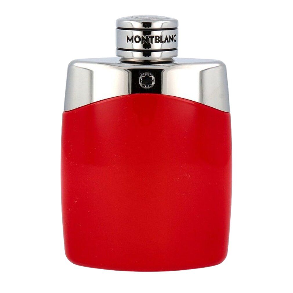 Roter Flakon mit silberner Kappe. Oben steht MONTBLANC. Das Logo ist auf der Kappe und dem Flakon.
