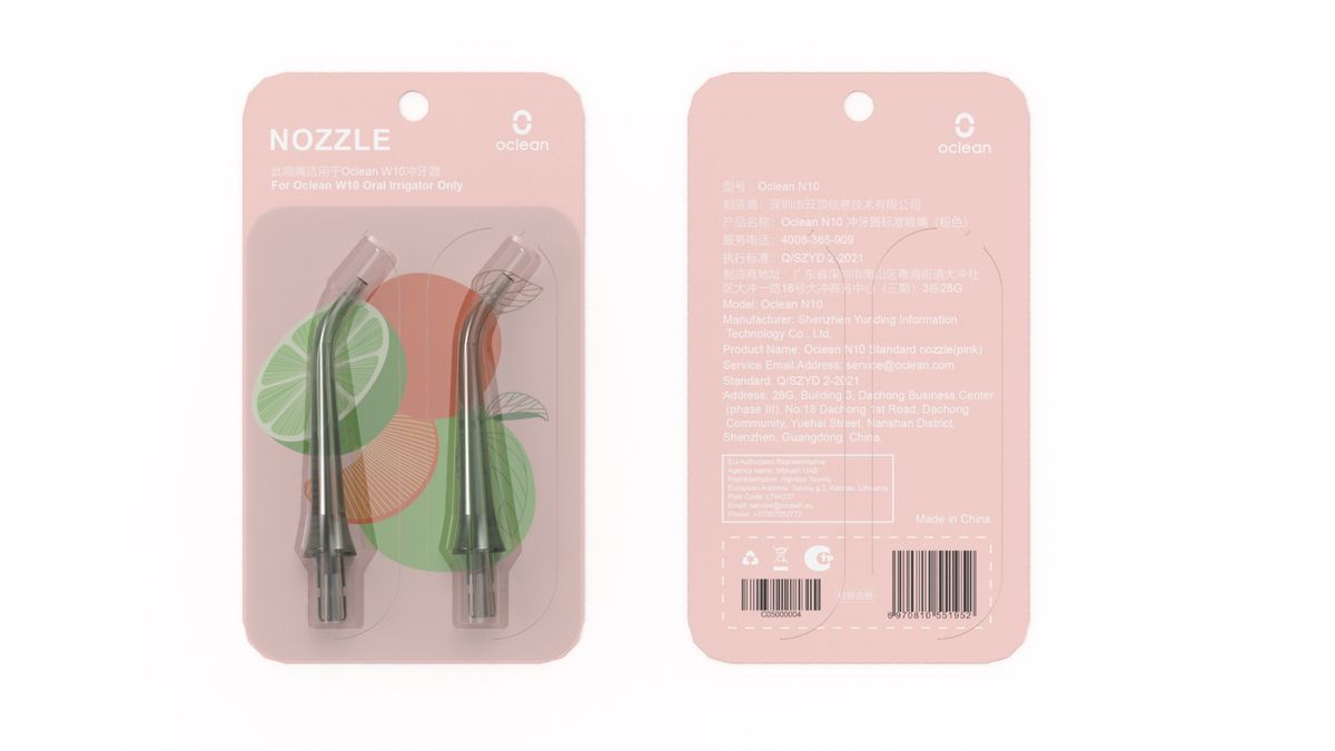 Verpackung mit zwei Mundduschen-Aufsätzen. Vorderseite: Aufsätze, Grafik. Rückseite: Text, Barcode.