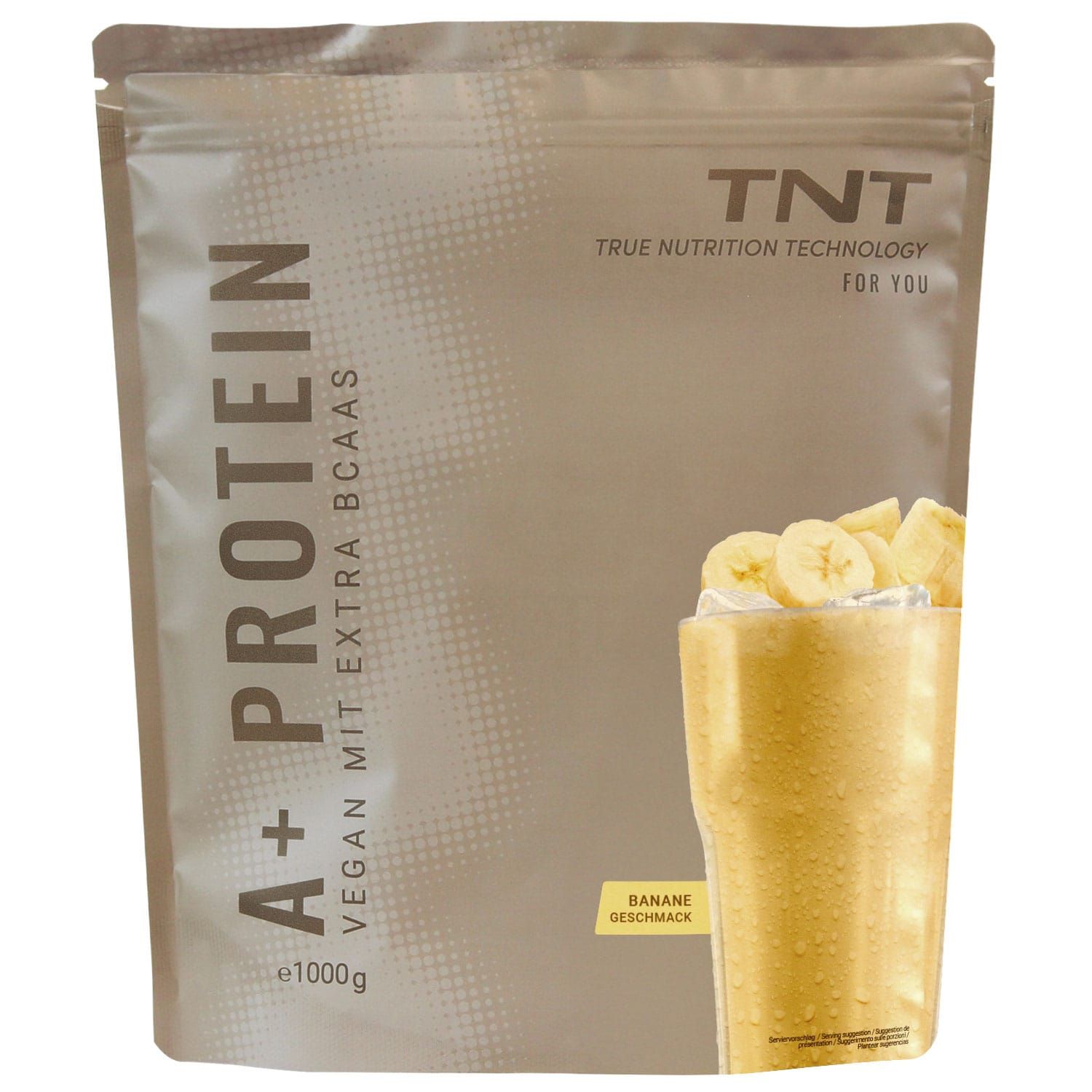 Beutel TNT A+ Protein, vegan mit extra BCAAs. Aufdruck: Bananengeschmack. Abgebildet ist ein Smoothie mit Bananenscheiben.