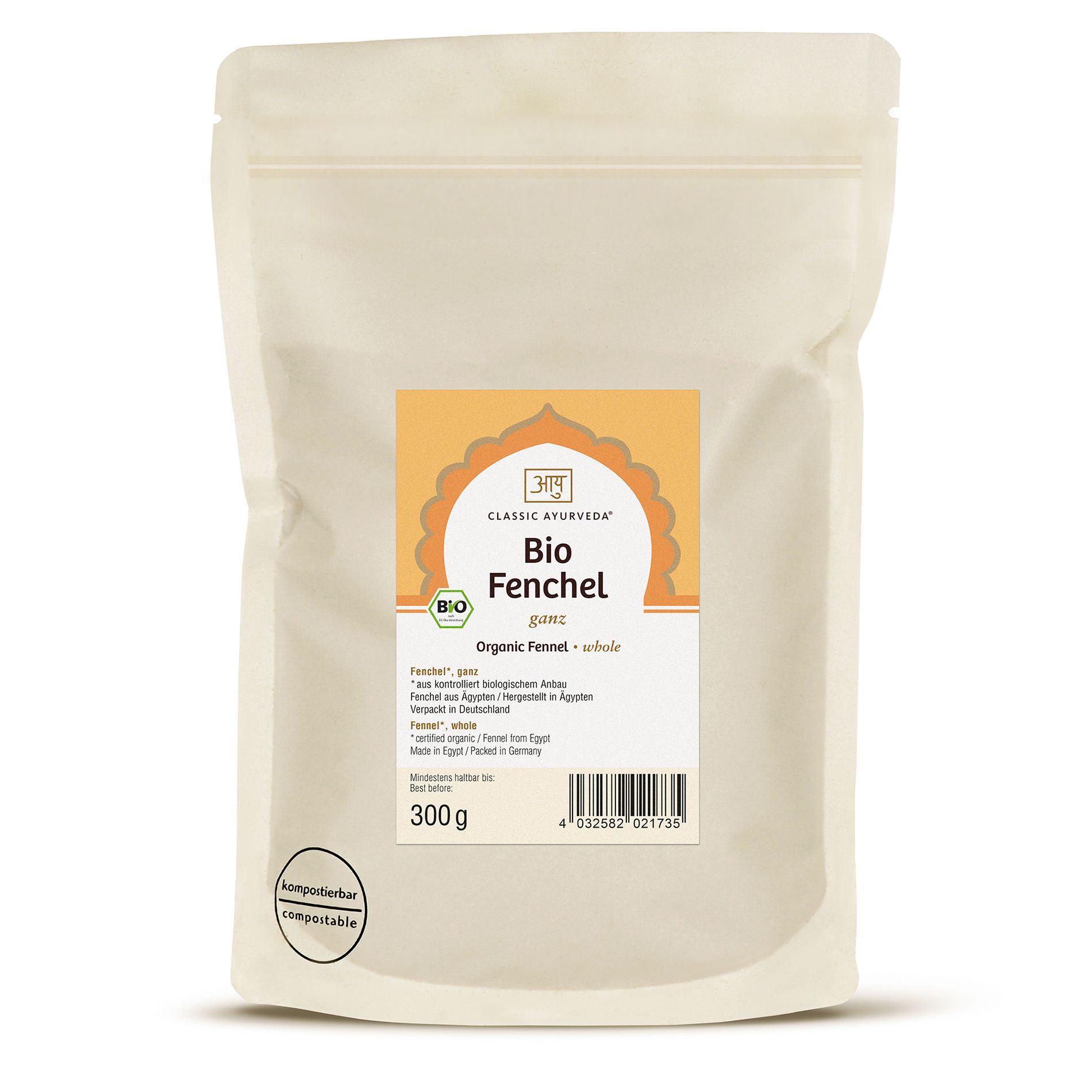 Beutel mit "Bio Fenchel"-Etikett. Siegel: "305 Classic Ayurveda". Text: "Organic Fenchel - whole". Unten: "300 g".