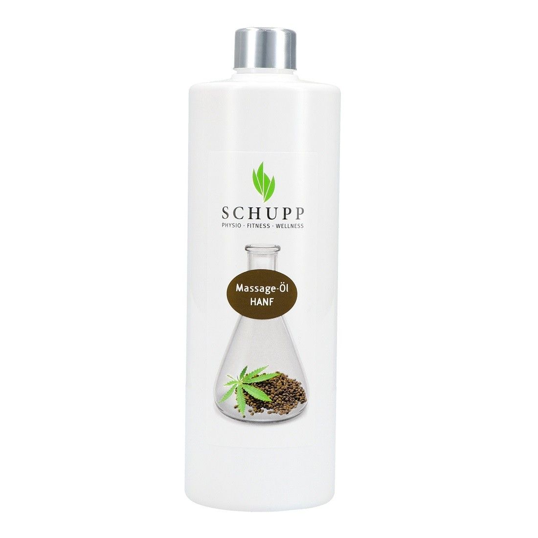 Weißes Schupp Massage-Öl Hanf Flasche mit silbernem Deckel. Etikett mit Hanf-Illustration und Schriftzug.