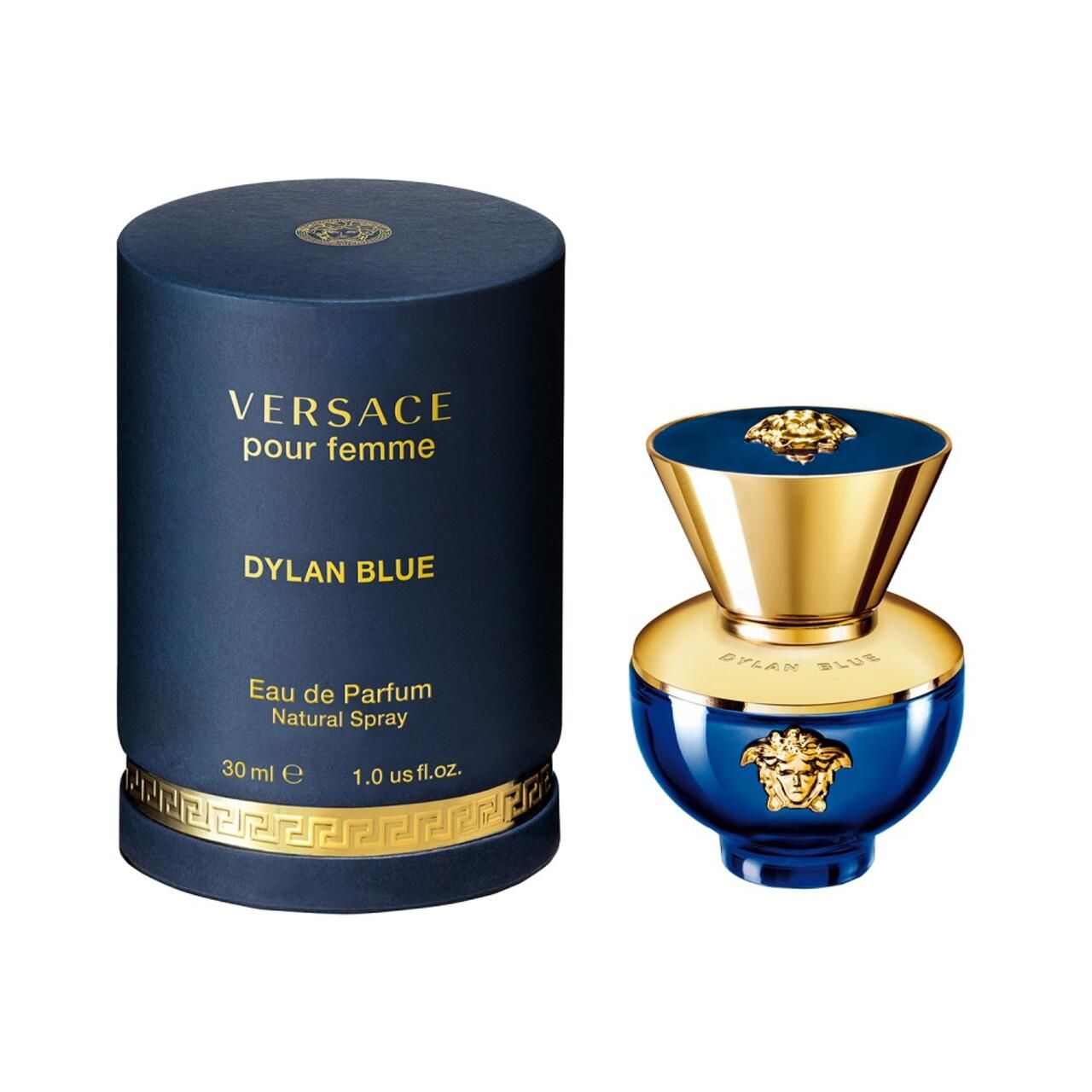 Versace Pour Femme Dylan Blue Eau de Parfum Spray und Verpackung. Blaue Flasche und Box. Goldene Details. Text: Dylan Blue, 30ml, 1.0 us fl.oz.