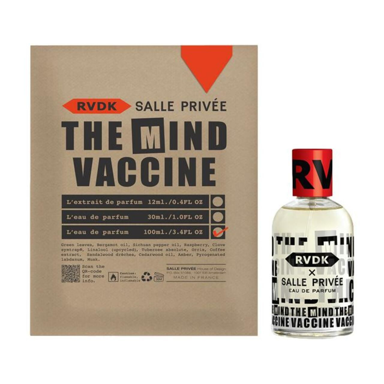 Parfümflasche und Verpackung. Aufschrift: R.V.D.K. Salle Privée, The Mind Vaccine. Verpackung mit Angaben zu Inhaltsstoffen und Größen.