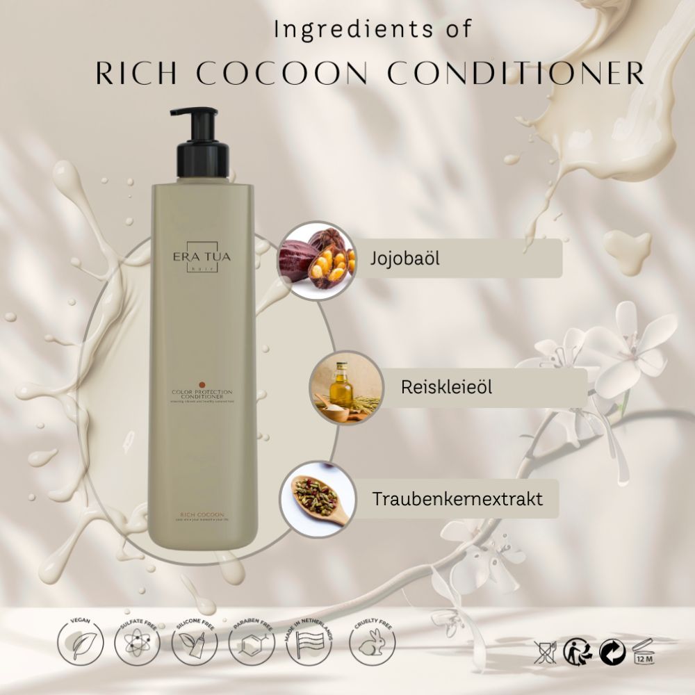 Beige Flasche mit schwarzem Pumpverschluss. Text: EraTua, Rich Cocoon Conditioner. Zutaten: Jojobaöl, Reiskleieöl, Traubenkernextrakt.