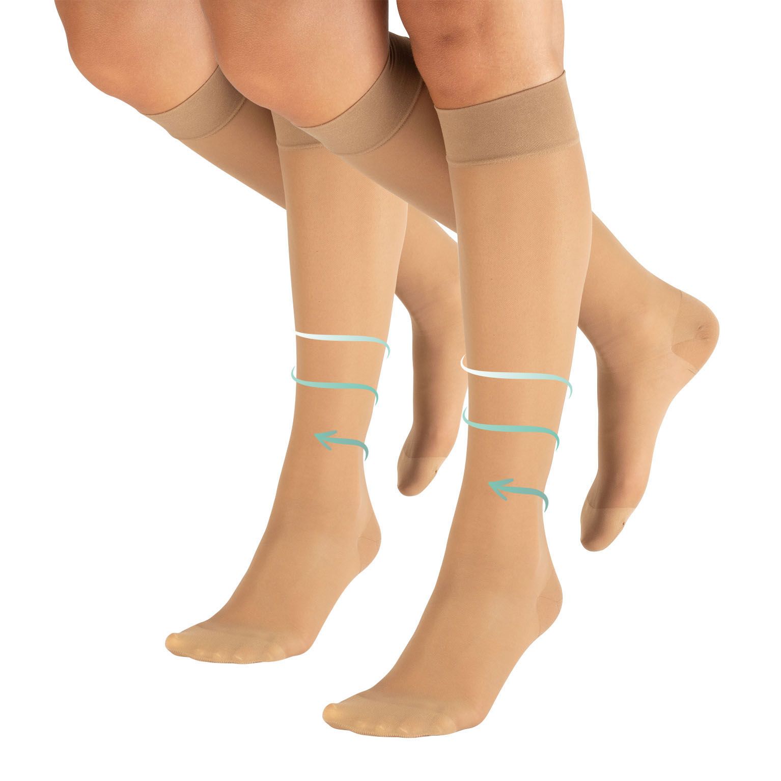 Zwei Paar haut farbene Kompressionsstrümpfe. Grafische Darstellung der Kompression. CALZITALY-Logo.