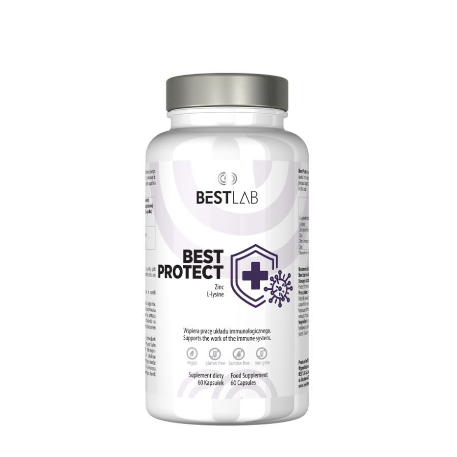 Weiße Flasche mit silbernem Deckel. Aufschrift: BEST LAB, BEST PROTECT, Zink L-Lysin. Enthält 60 Kapseln. Vegan, glutenfrei, laktosefrei.