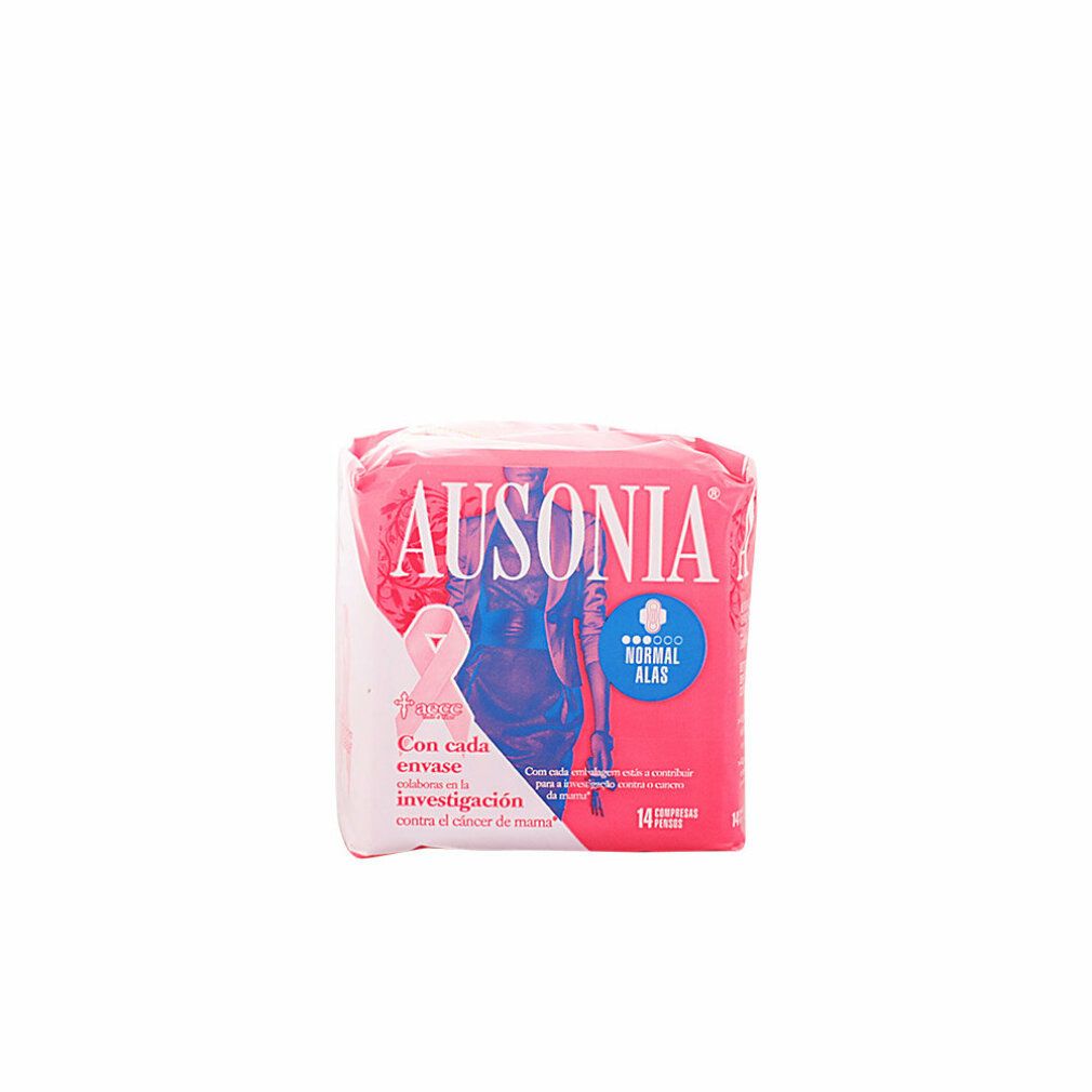 Ausonia Damenbinden, Normal, mit Flügeln, 14 Stück. Rosa Verpackung mit Logo und Illustration.
