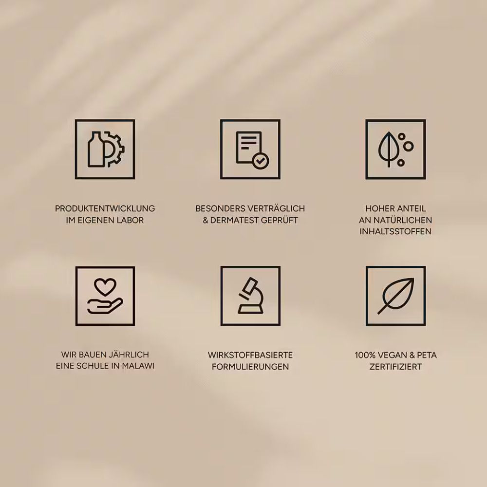 Sechs Symbole auf beigem Hintergrund. Texte: Produktentwicklung, dermatologisch getestet, hoher Anteil an natürlichen Inhaltsstoffen, vegan.