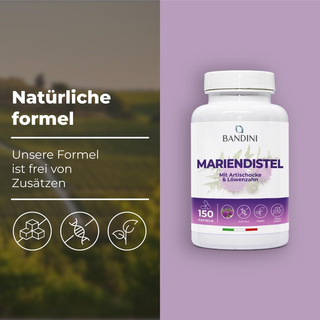 Weiße Kapsel-Dose mit lila Etikett. Bandini Mariendistel-Komplex. Text: Natürliche Formel. Frei von Zusätzen. 150 Kapseln.