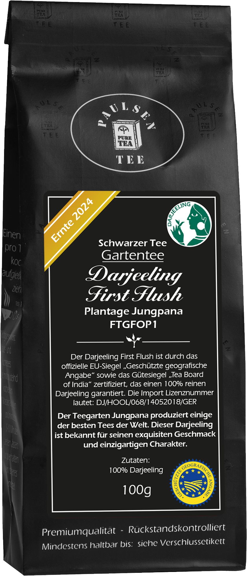 Schwarzer Tee in schwarzer Verpackung. Text: Paulsen Tee, Darjeeling First Flush, Ernte 2024, 100g.