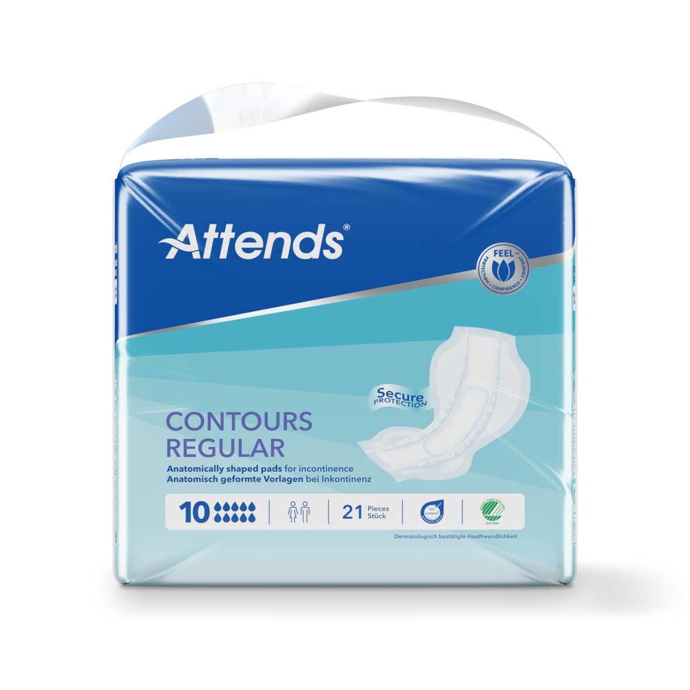 Attends Contours Regular 10. Anatomisch geformte Vorlagen. Verpackung mit Produktabbildung. 10 Stück. Blaue und weiße Verpackung mit Logo und Produktbezeichnung.