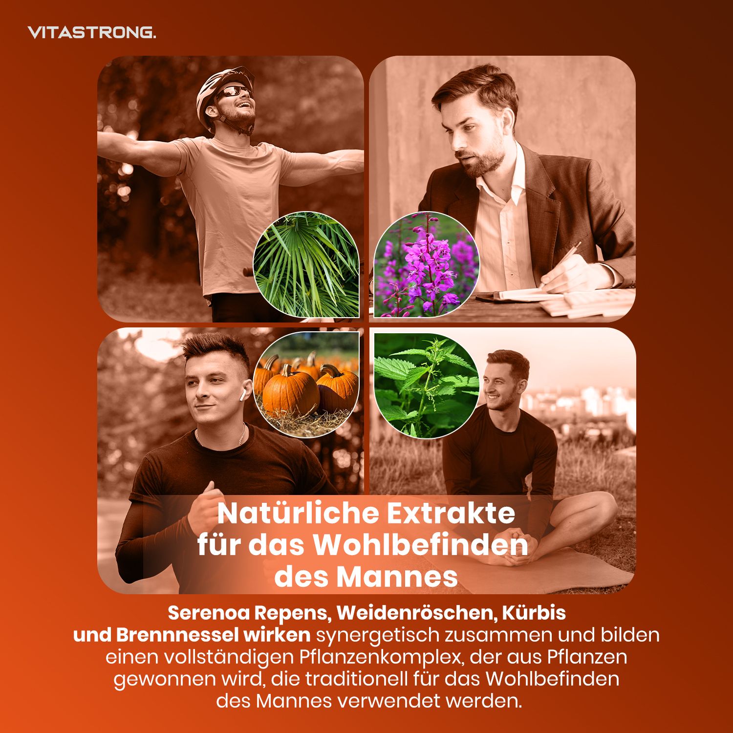 Vitastrong Prosta Pro. Bilder von Pflanzen und Männern. Text: Natürliche Extrakte für das Wohlbefinden des Mannes.