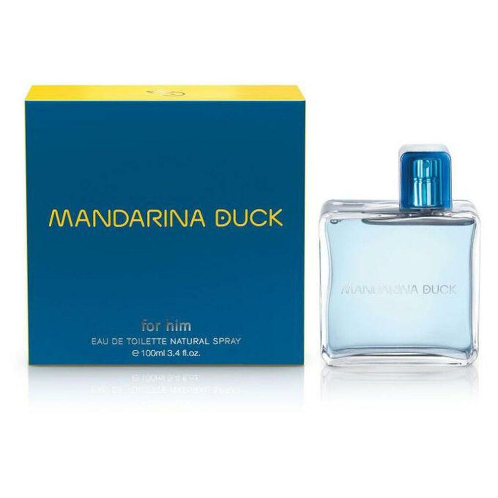Blauer Karton und Flakon. Aufschrift: Mandarina Duck, for him, Eau de Toilette Spray.