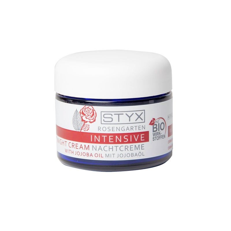 Creme-Tiegel mit weißem Deckel. Aufschrift: STYX Rosengarten INTENSIVE Nachtcreme. Mit Bio-Siegel.