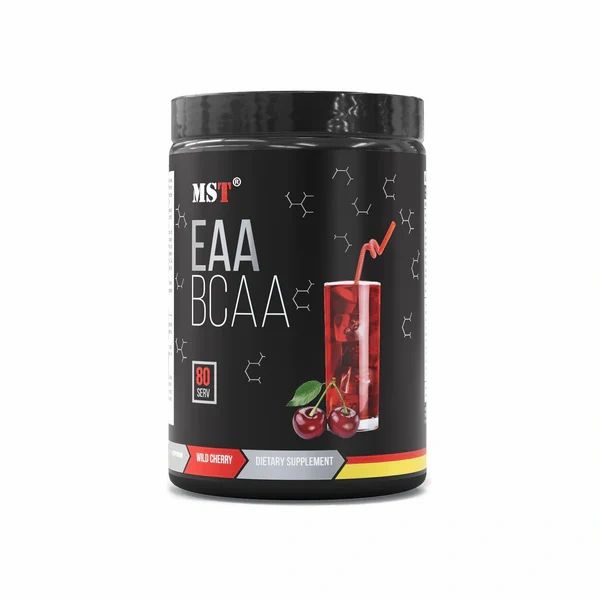 Schwarzer Behälter mit MST EAA BCAA Wild Cherry Pulver, 80 Portionen.
