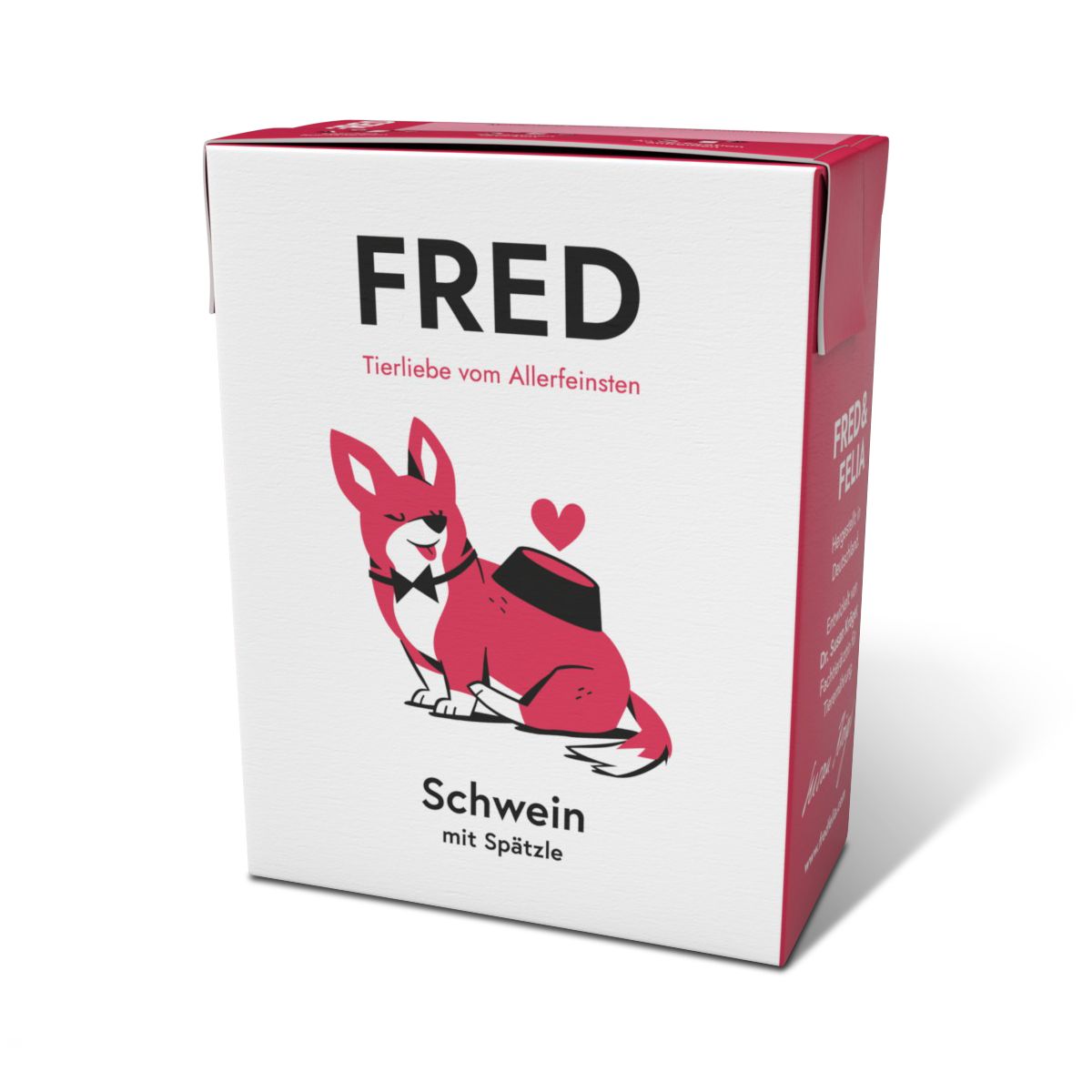 Verpackung von Fred & Felia FRED Schwein mit Spätzle. Weißer Karton mit roter Schrift und Illustration eines Hundes.