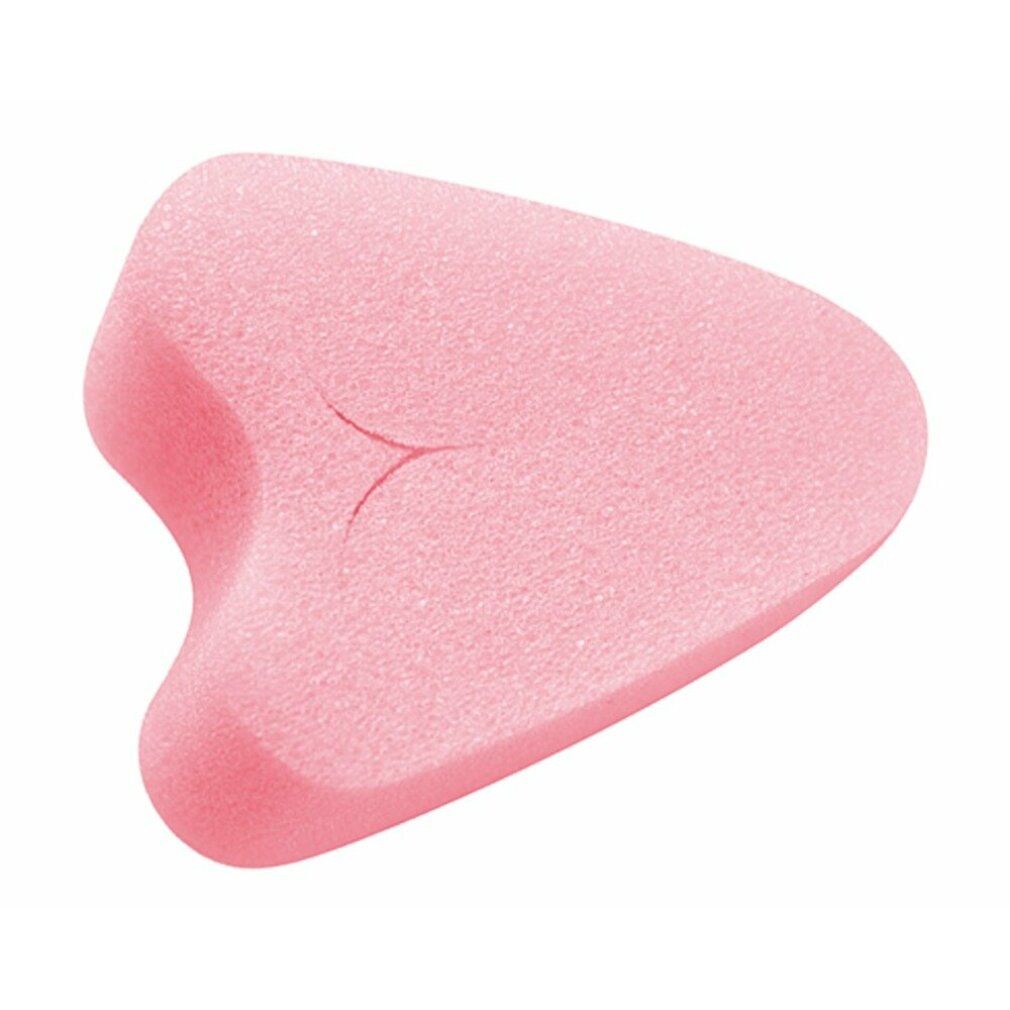 Rosa Soft-Tampon, herzförmig. Fadenlos. Oberseite mit kleiner Vertiefung. Material: Schaumstoff.