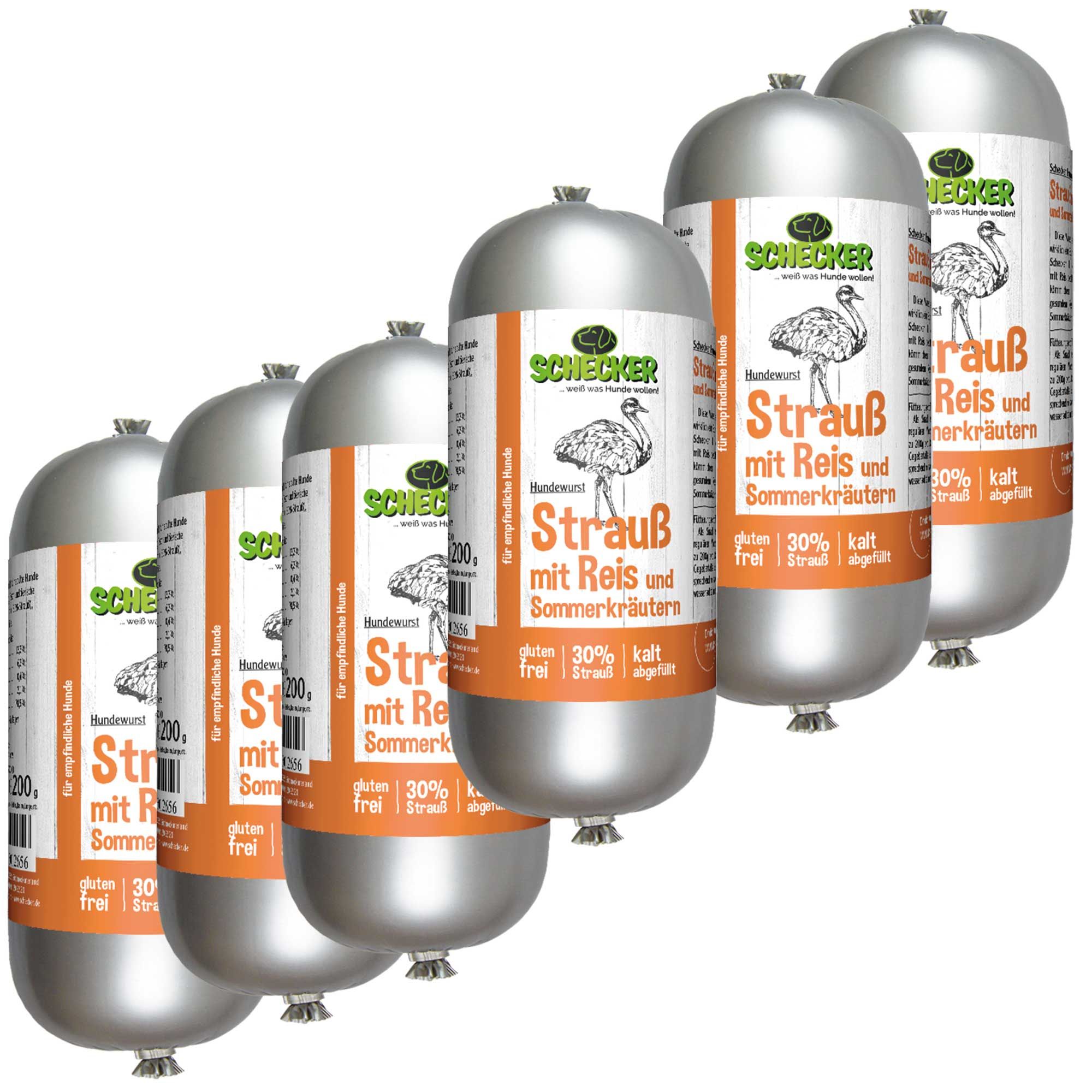 Sechs Fleischwürste mit Strauß, Reis und Sommerkräutern. Aufschrift: glutenfrei, 30% Strauß, kalt abgefüllt. Verpackung: silberfarben.
