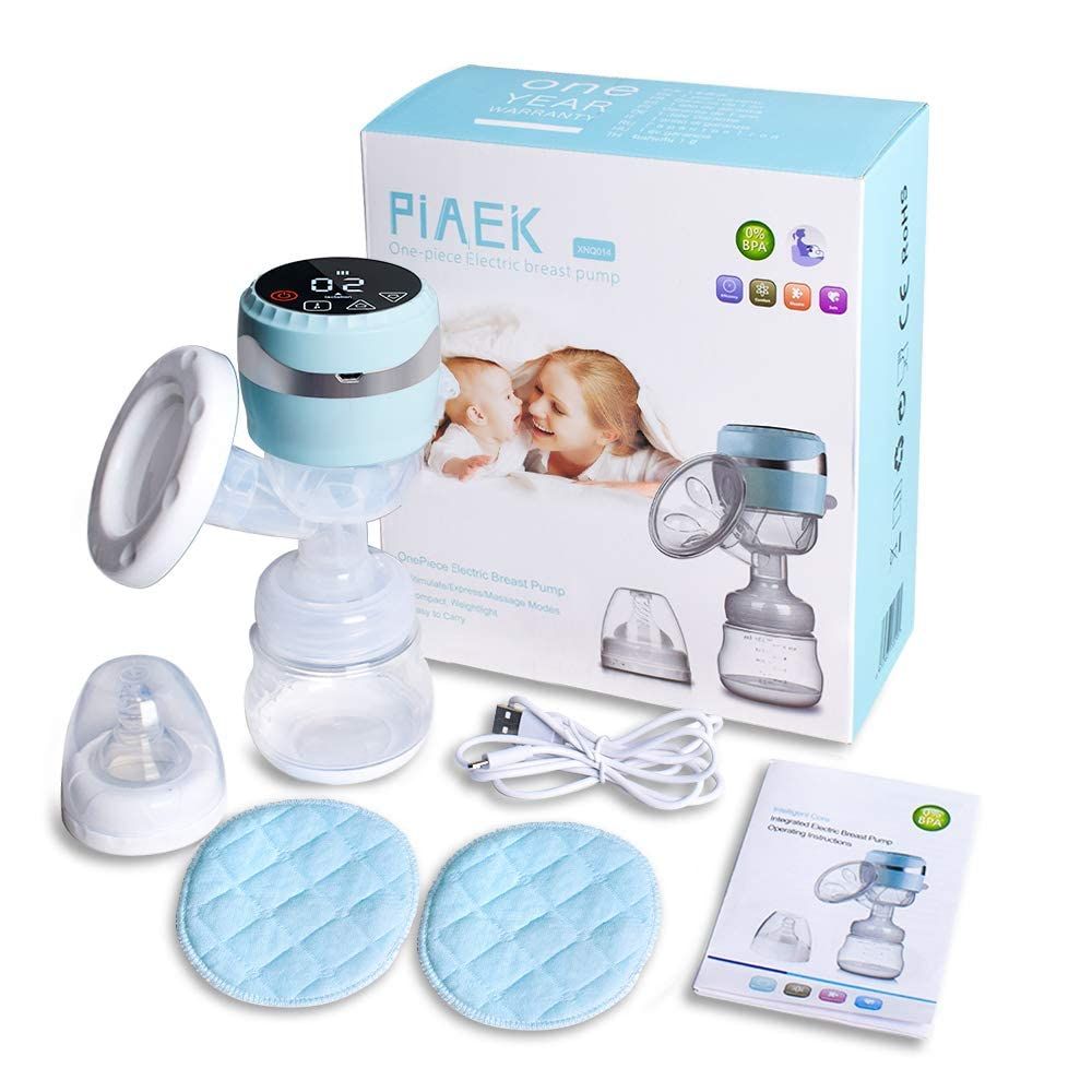 Elektrische Milchpumpe, Zubehör und Verpackung. Enthält Flasche, Schnuller, Stilleinlagen, Kabel und Anleitung.