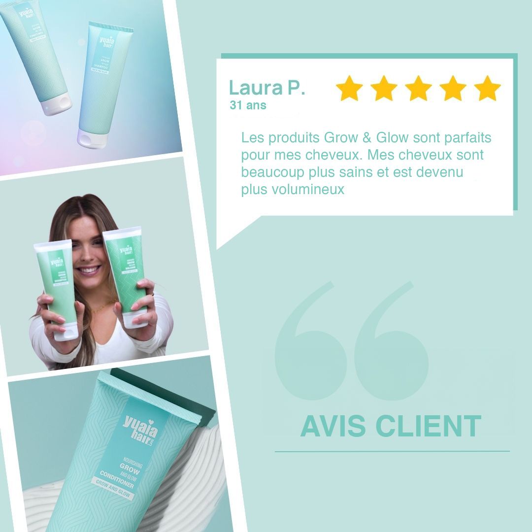 Avis client. Femme tenant des produits. Citation : Les produits Grow & Glow sont parfaits pour mes cheveux. Mes cheveux sont plus sains et volumineux.