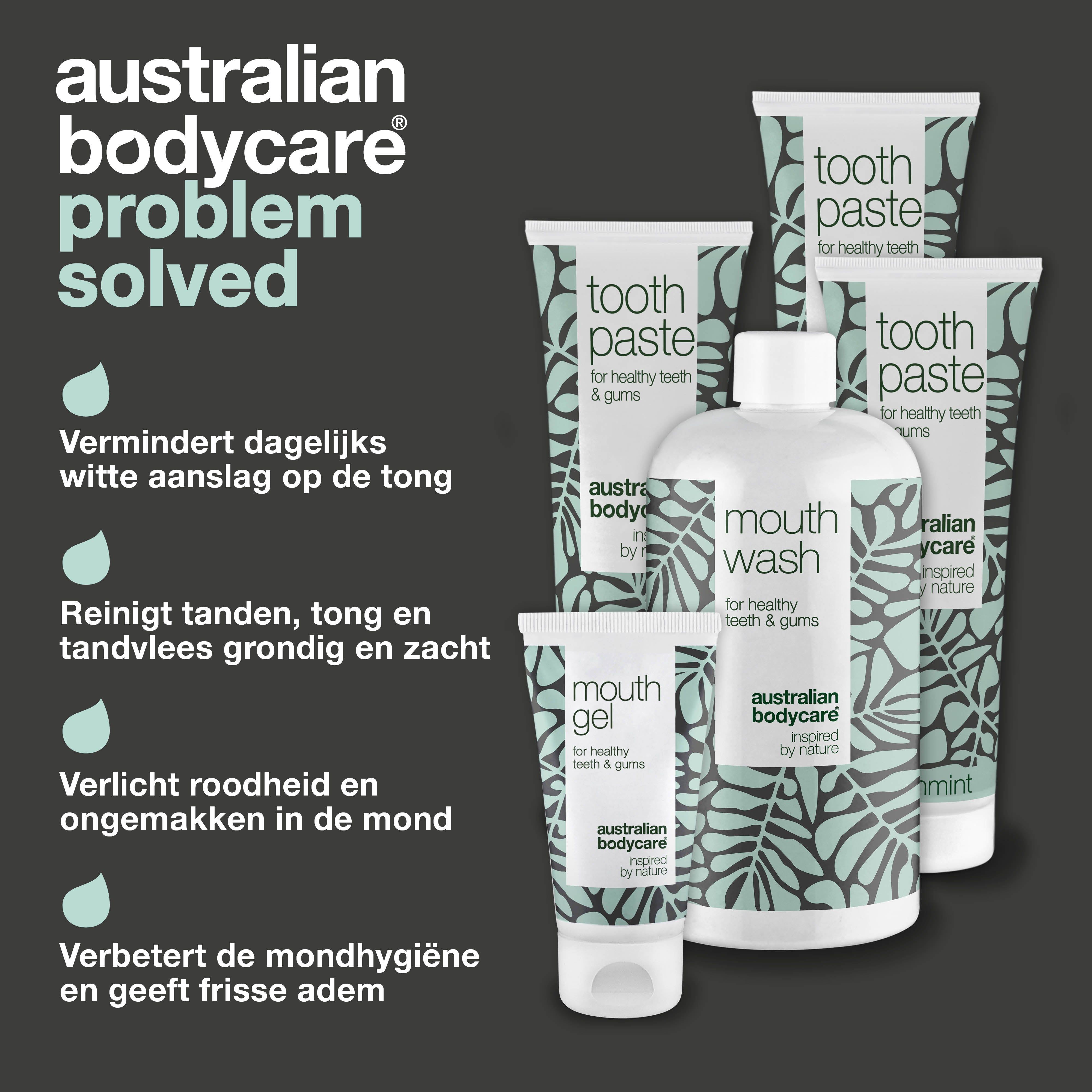 Productset: tandpasta, mondwater, mondgel. Tekst: probleem opgelost. Nederlandse tekst.