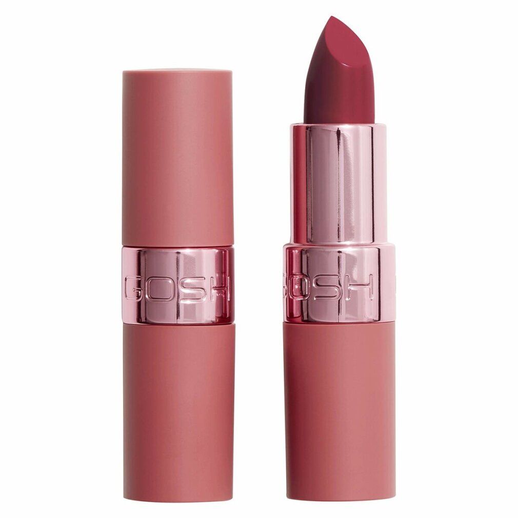 Lippenstift mit rosafarbenem Gehäuse und geöffneter Lippenstiftmine. Der Schriftzug GOSH ist auf dem Gehäuse sichtbar.