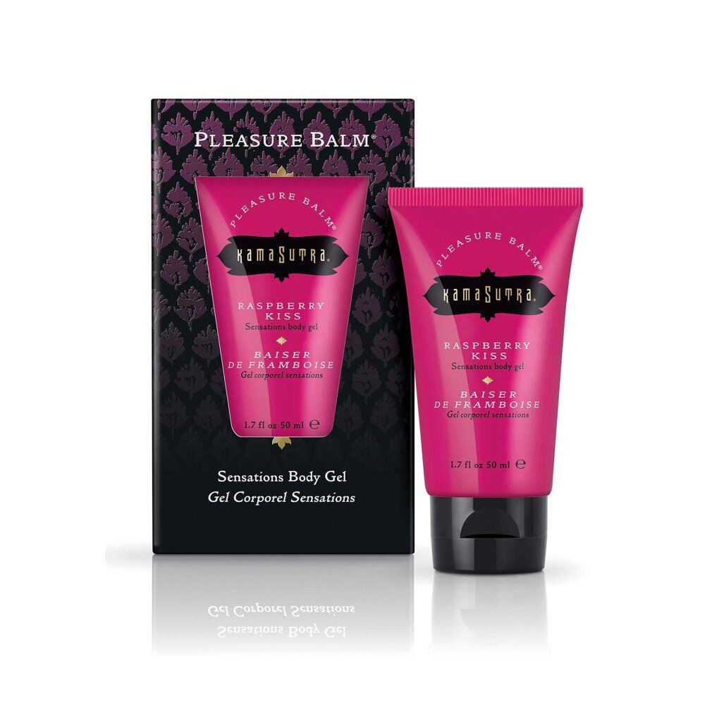 Kamasutra Pleasure Balm Himbeere Sensations Body Gel in Pinker Tube und Kartonverpackung.