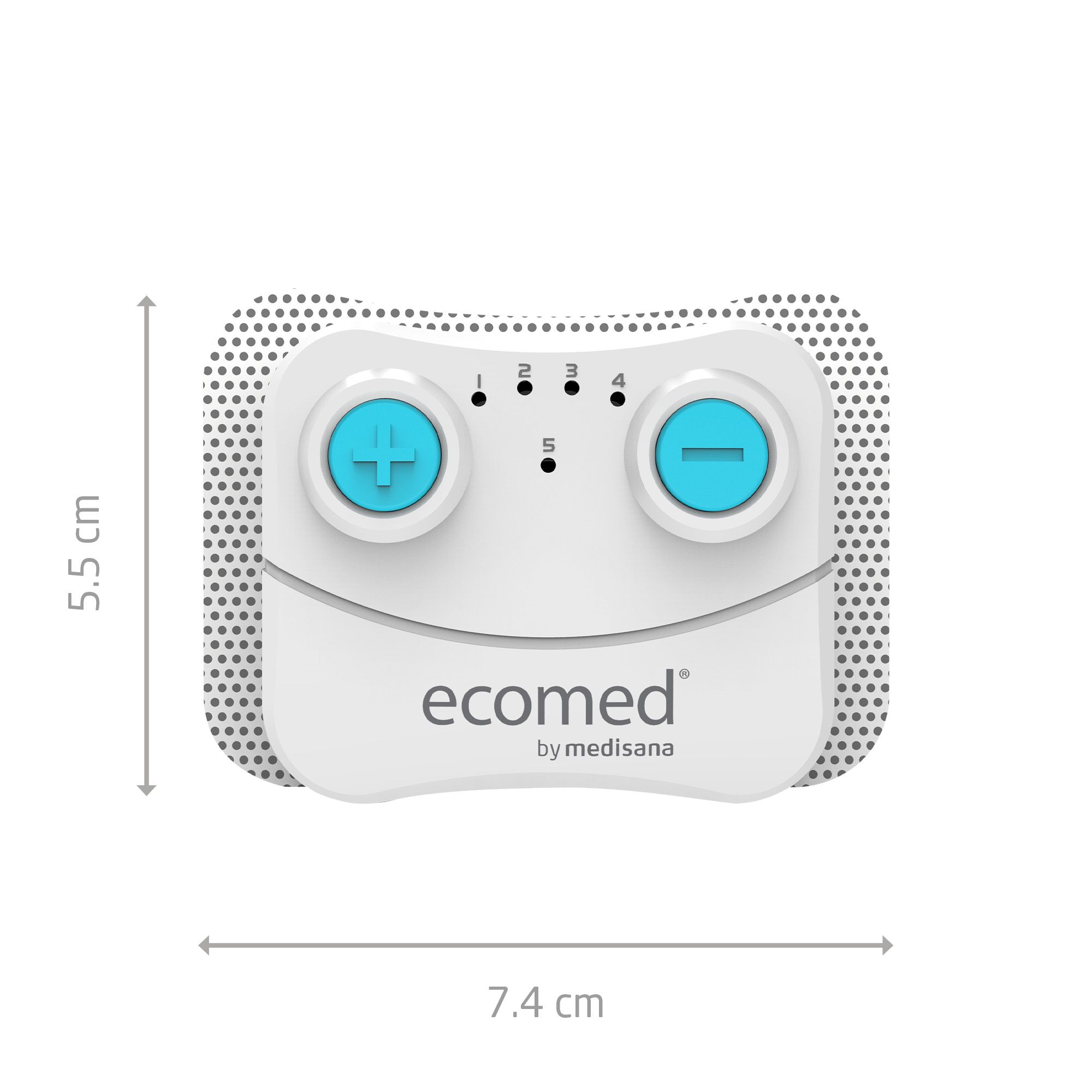 Gerät mit zwei blauen Knöpfen, fünf Kontrollleuchten und Elektrodenpad. Maße: 7,4 x 5,5 cm. Aufschrift: ecomed by medisana.