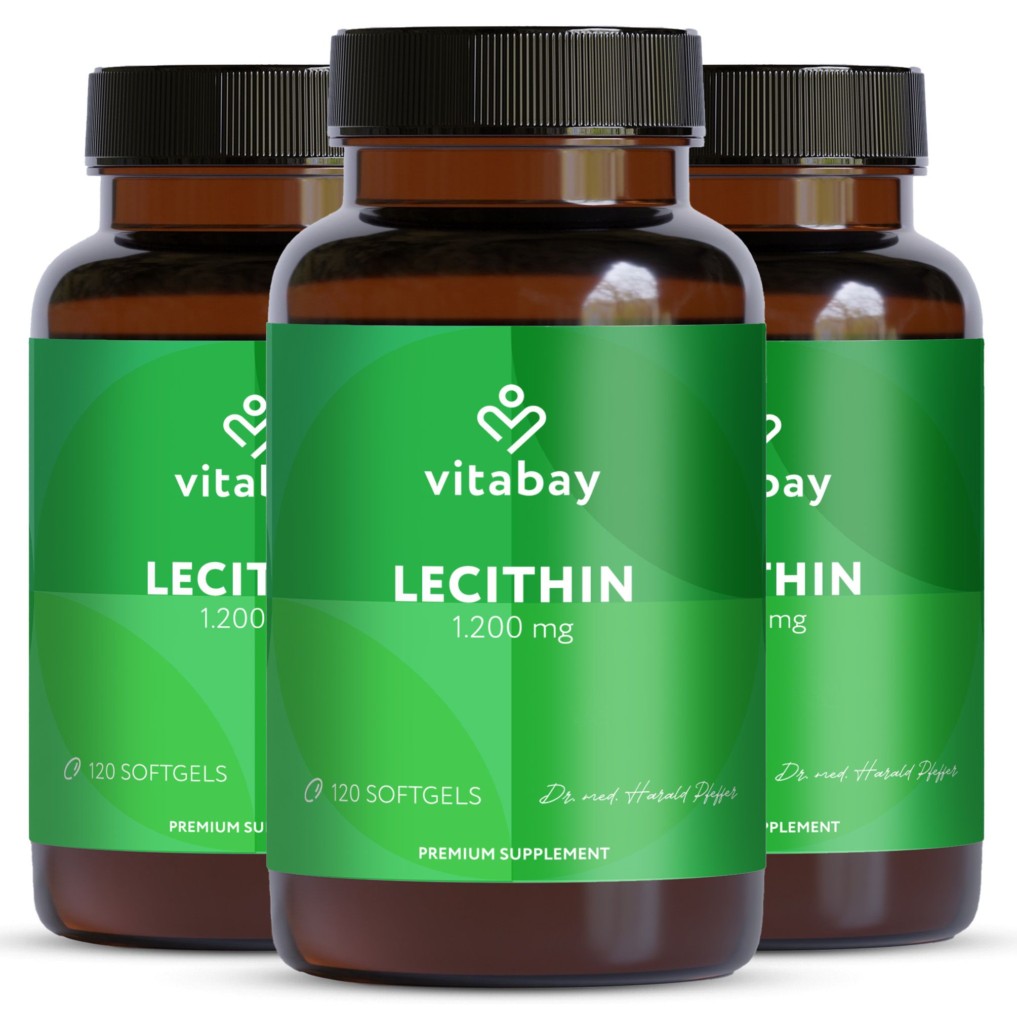 Drei Flaschen Vitabay Lecithin 1.200 mg. 120 Softgels. Grüne Etiketten. Logo Vitabay. Dr. med. Harald Pfeffer.