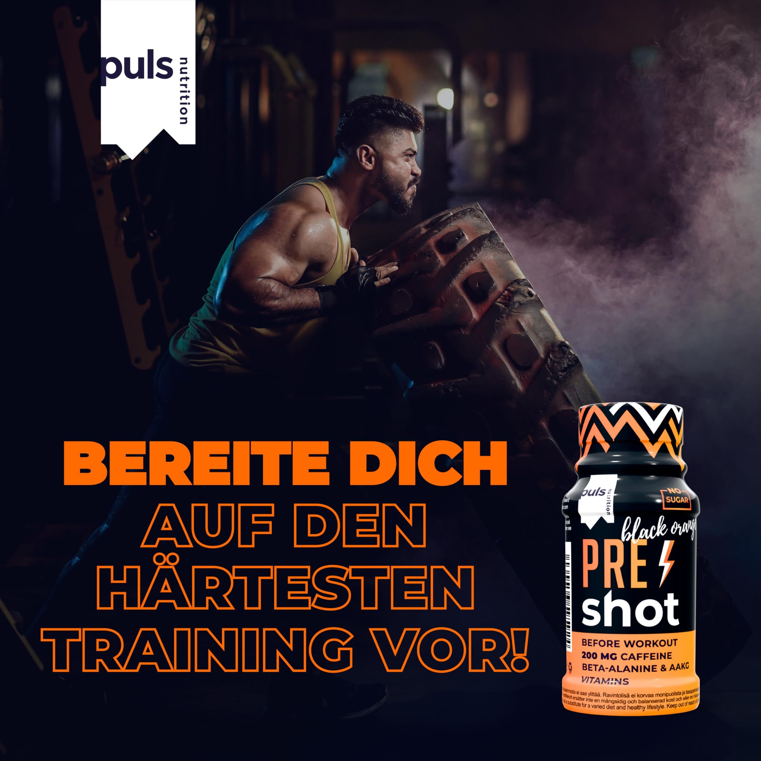 Mann hebt Gewichte, daneben Puls Nutrition Pre Workout Shot Black Orange.