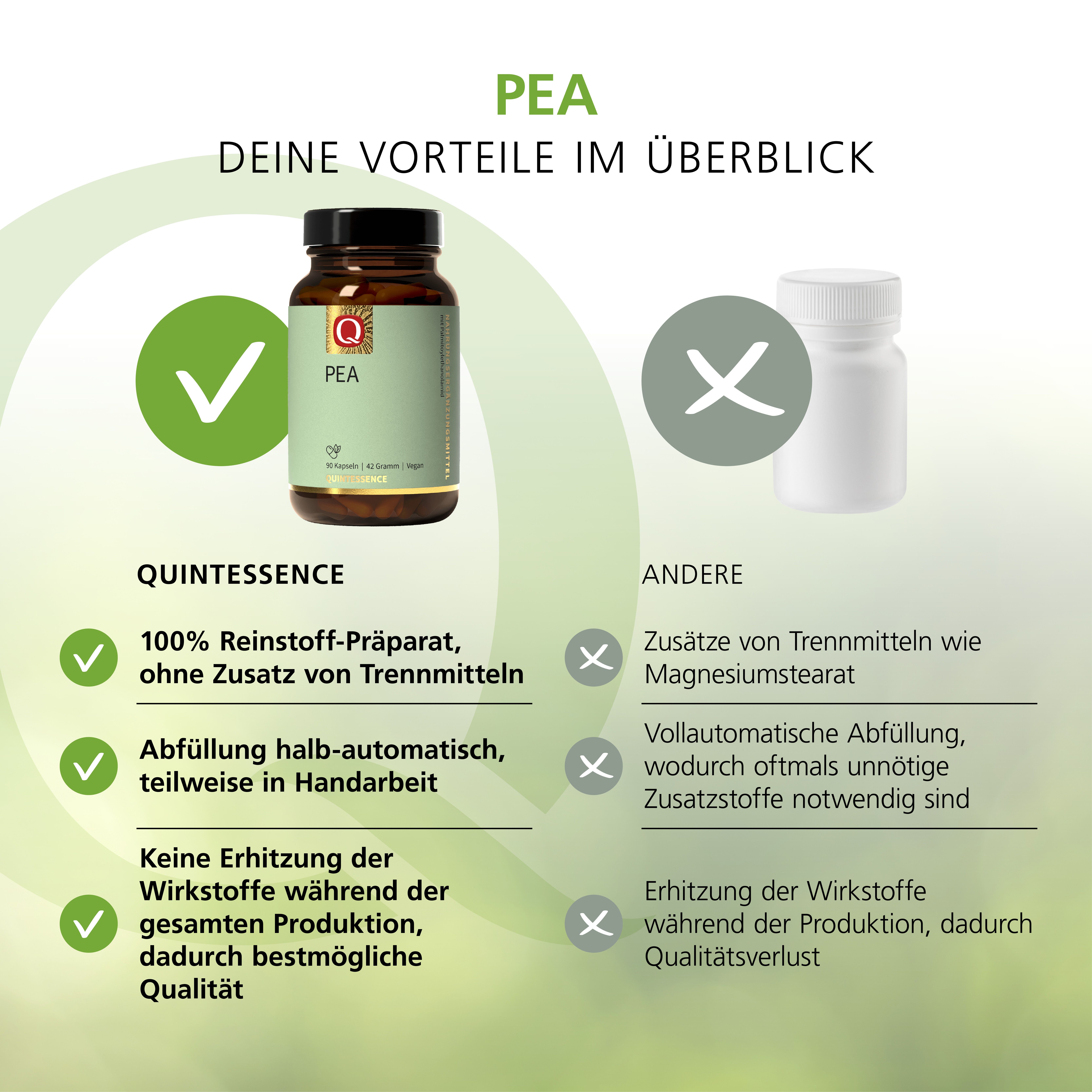 Vergleich: Quintessence PEA vs. andere. Vorteile: 100% Rein, ohne Zusätze, halbautomatische Abfüllung, keine Erhitzung.
