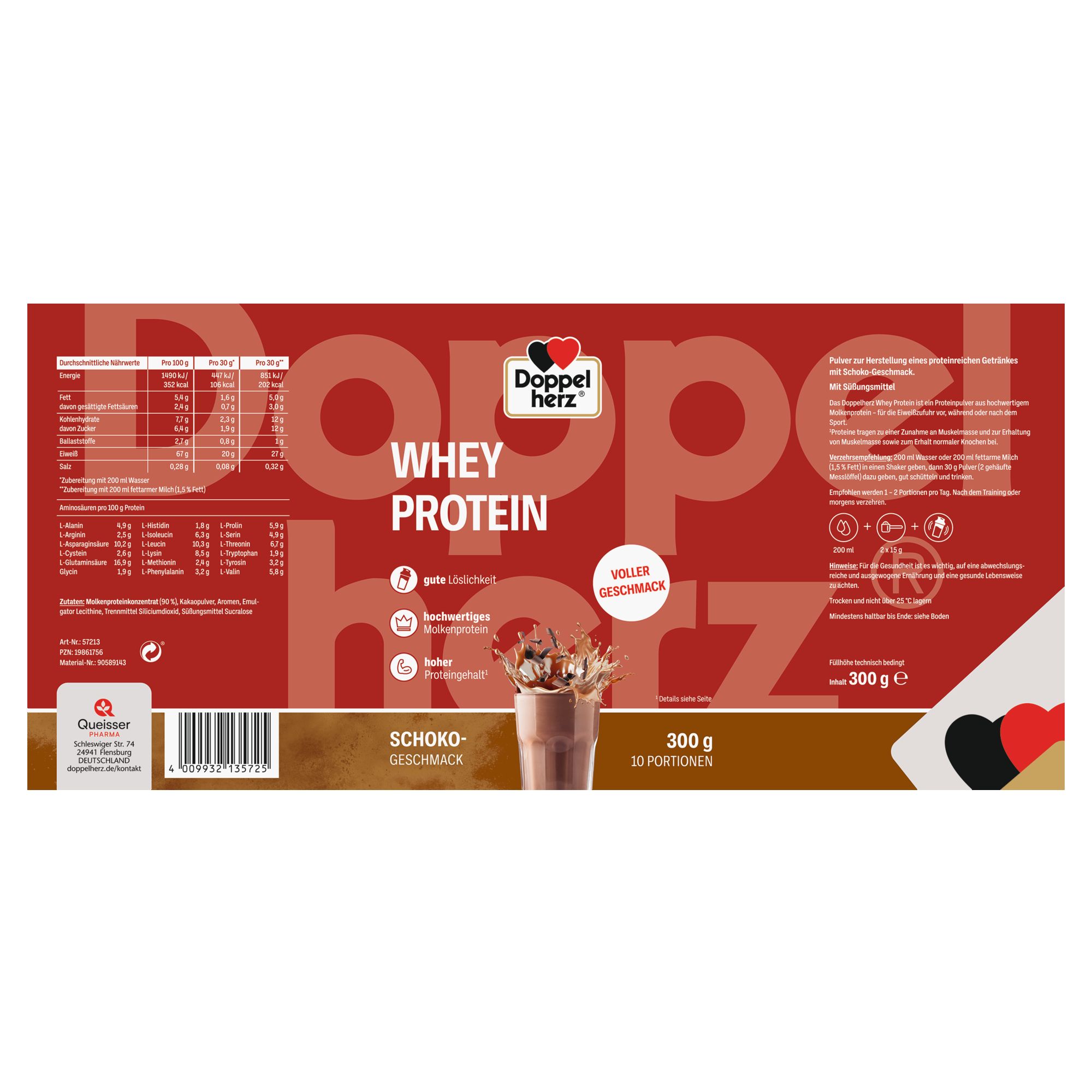 Verpackung von Doppelherz WHEY PROTEIN Schoko. Rote und weiße Farbgebung. Produktinformationen und Logo.
