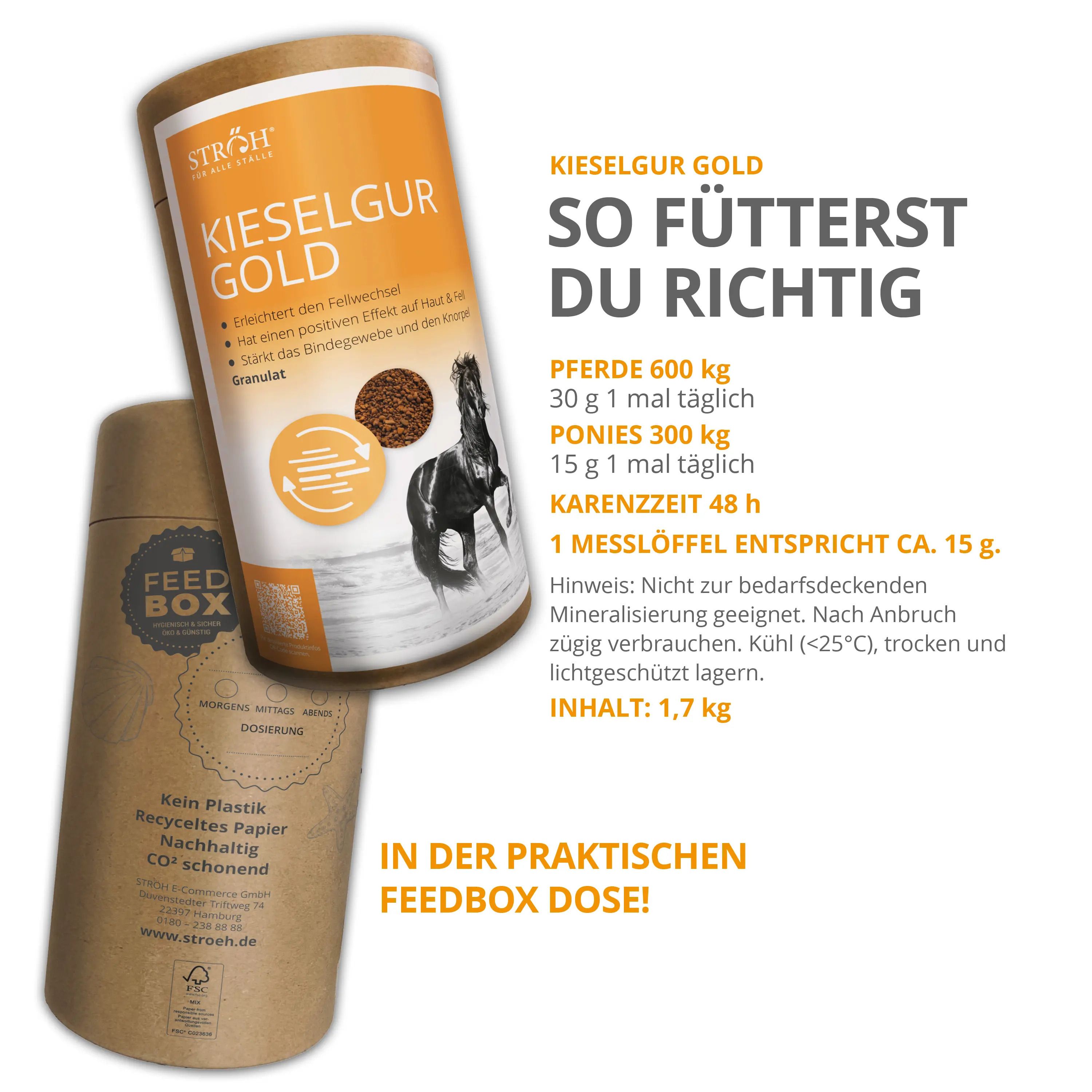 Zwei Dosen Kieselgur Gold, eine Feedbox Dose. Text: In der praktischen Feedbox Dose! Text: 1,7 kg. Abbildung eines Pferdes.