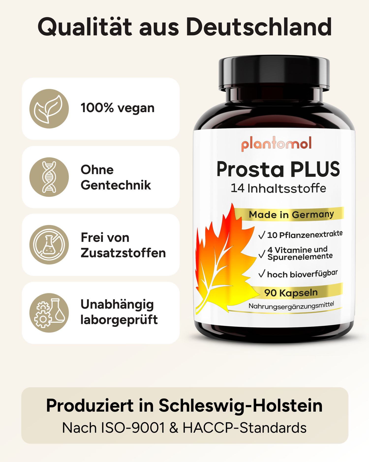 Schwarze Flasche plantomol® Prosta PLUS. 100% vegan, ohne Gentechnik, ohne Zusatzstoffe, laborgeprüft. Hergestellt in Deutschland.