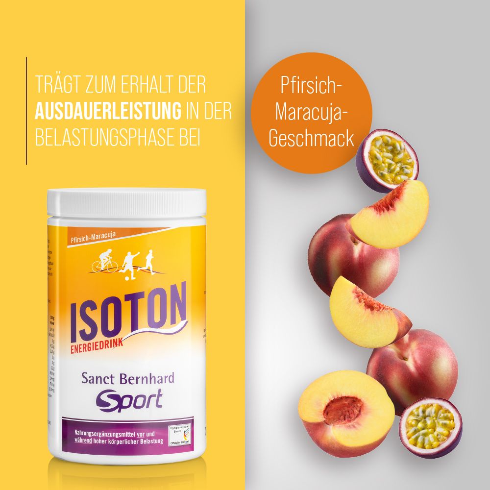 Weiße Dose mit gelbem Etikett. Text: Isoton Energiedrink, Sanct Bernhard Sport. Pfirsich-Maracuja. Früchte abgebildet.
