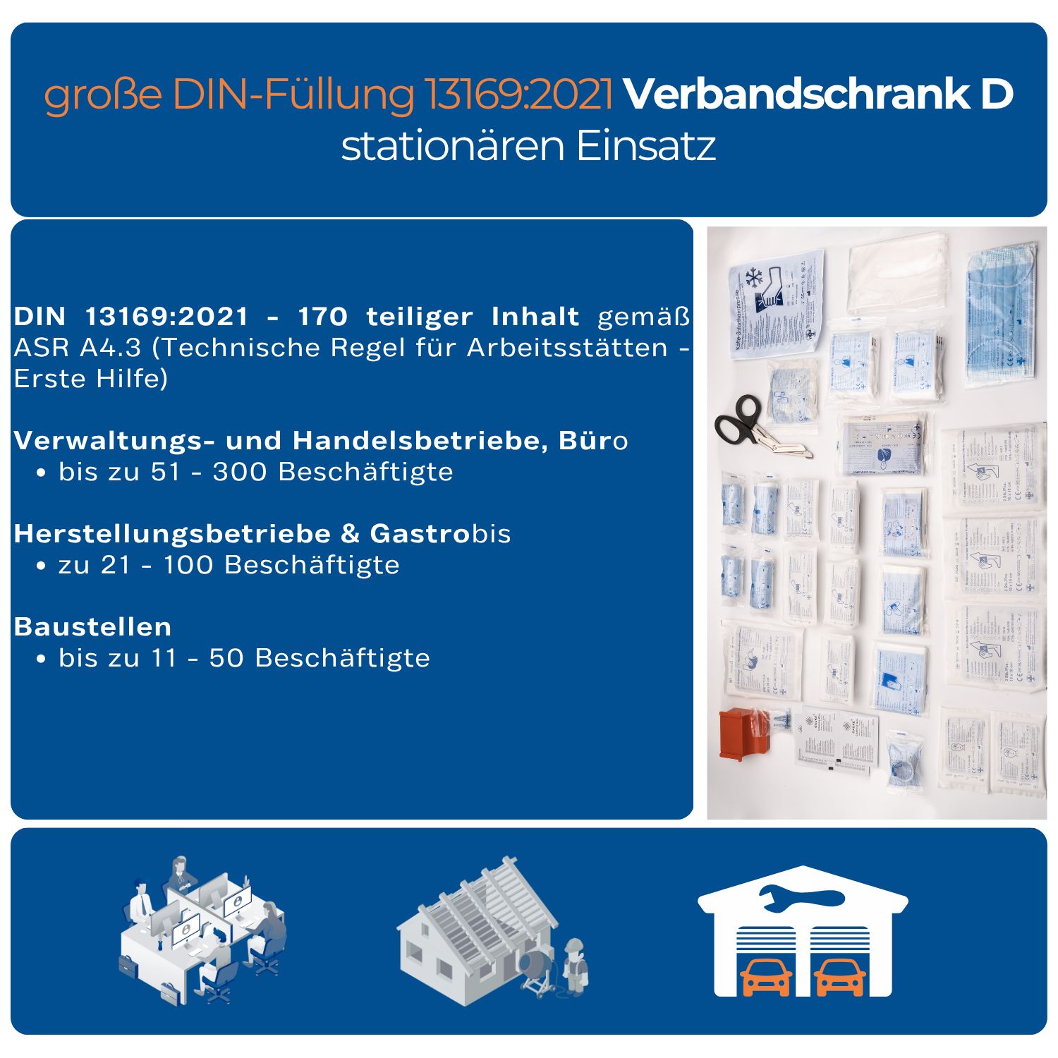 Inhalt der DIN 13169:2021 Verbandschrank D. 170-teilig. Für Verwaltungs- und Handelsbetriebe, Büros.