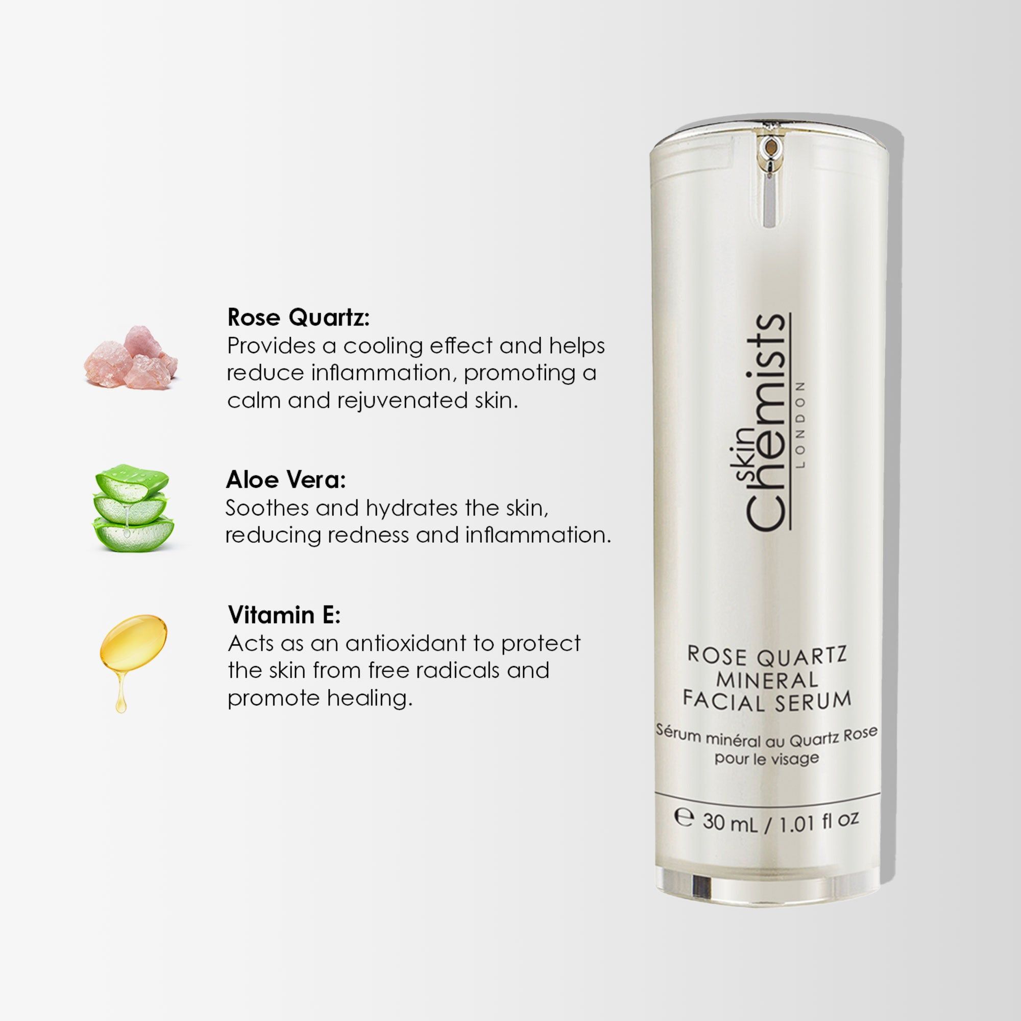 Serumflasche neben Inhaltsstoff-Illustrationen. Aufschrift: skinChemists London, Rose Quartz Mineral Facial Serum. Volumen: 30 ml / 1.01 fl oz.