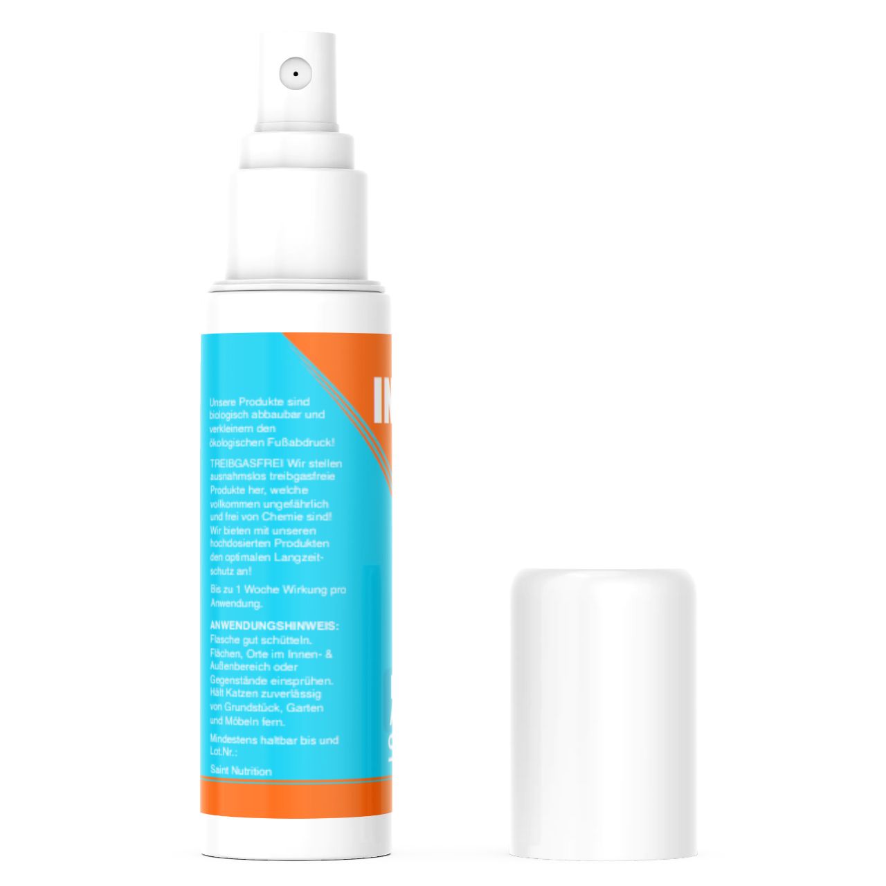 Weiße Sprühflasche mit Text. Blaue und orangefarbene Elemente. Weiße Kappe daneben. Text auf Deutsch.