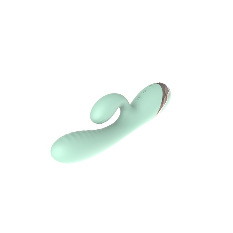 Mintfarbener Vibrator mit Hasenohren-Design. Kupferfarbener Akzent am unteren Ende. Drei Knöpfe.