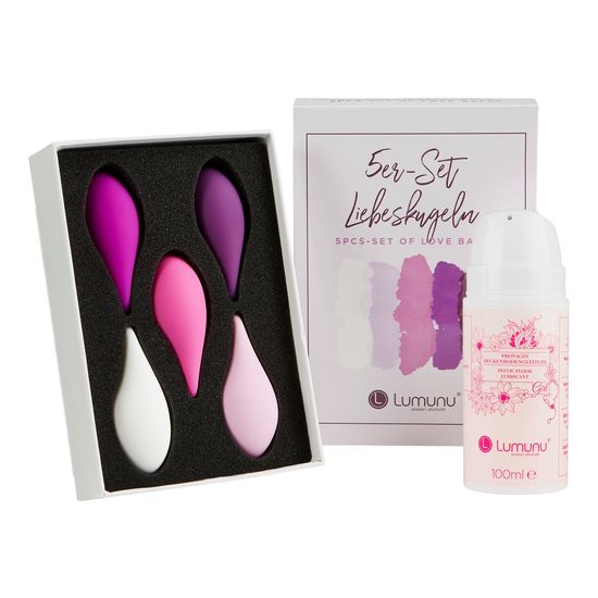 Set aus fünf Liebeskugeln in Weiß, Rosa und Lila, in einer Schachtel mit Gleitgel-Flasche.