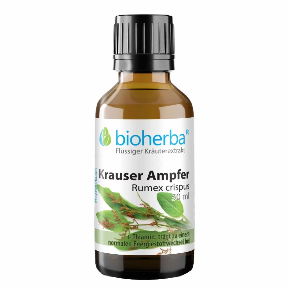 Braune Glasflasche mit schwarzem Deckel und Etikett. Beschriftung: Bioherba, Krauser Ampfer, Rumex crispus, 50 ml.