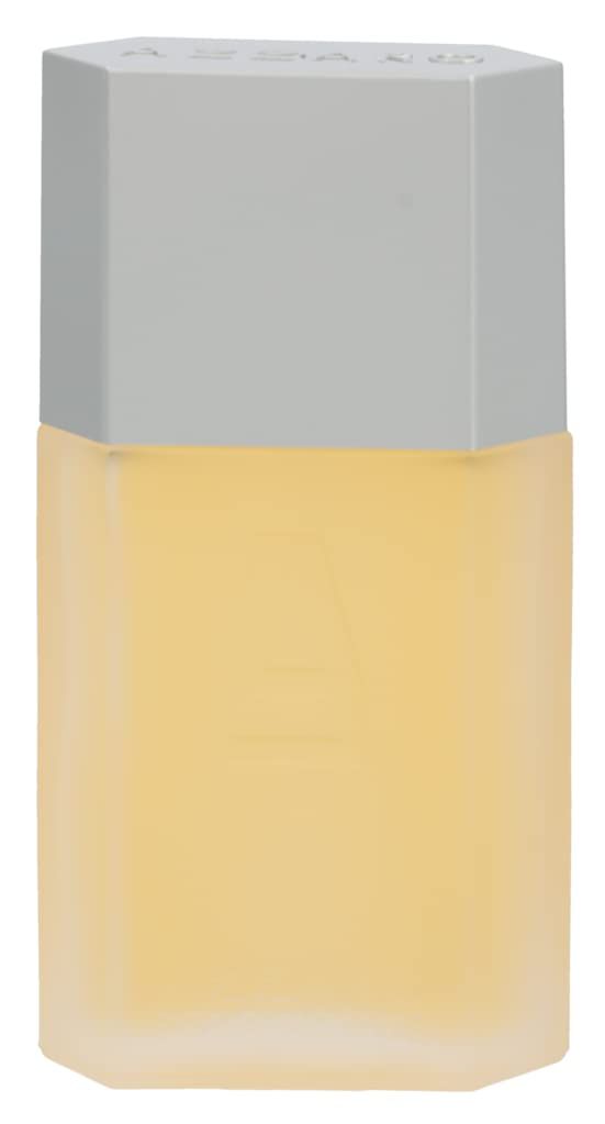 Rechteckiger Flakon Azzaro Pour Homme L'Eau. Grauer Deckel. Gelbe Flüssigkeit. Geätztes Logo.