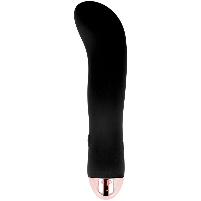 Schwarzer Silikon-Vibrator mit roségoldfarbenem Akzent. Auf der Oberfläche befindet sich ein Bedienknopf.
