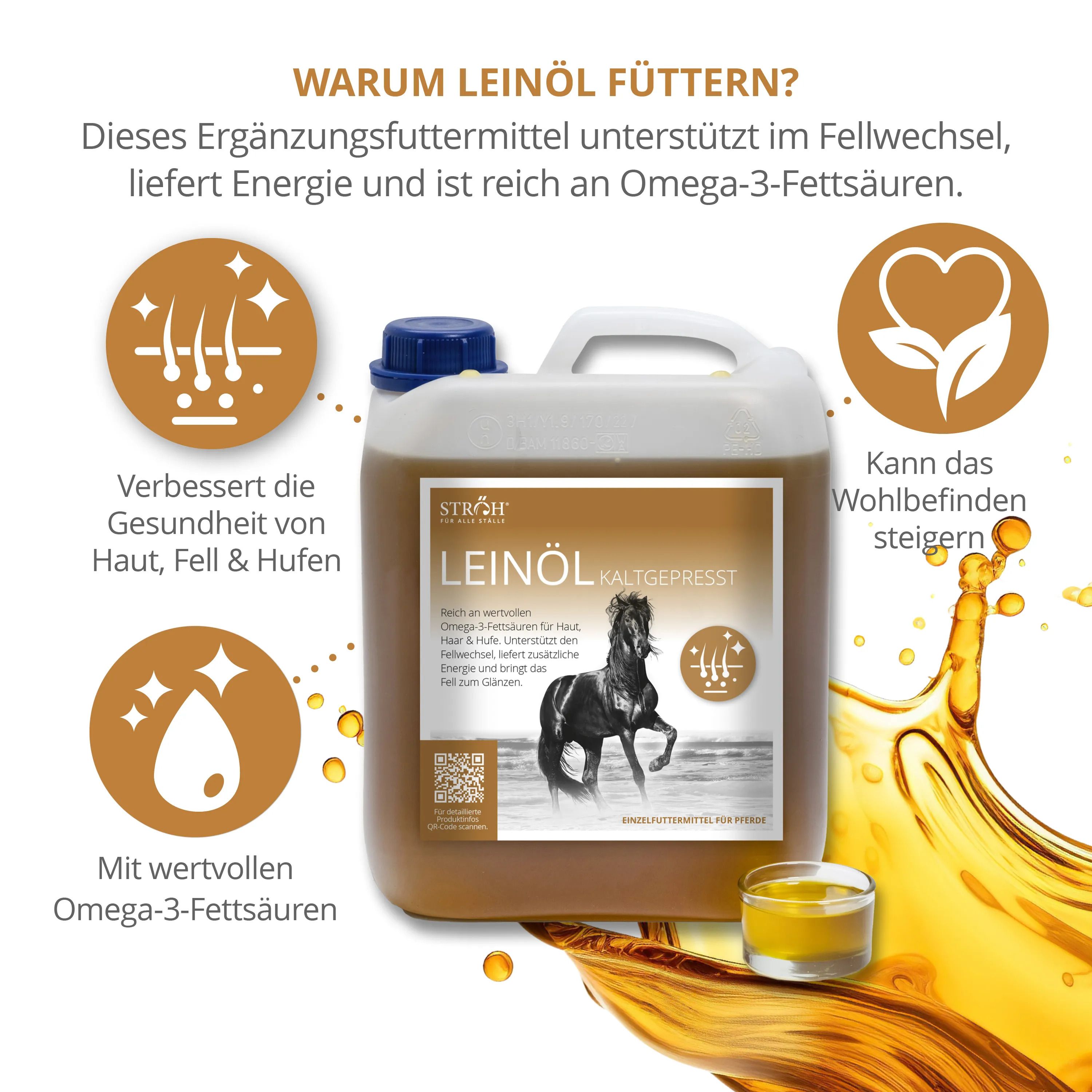 Behälter mit Leinöl kaltgepresst. Aufschrift: STRÖH, Leinöl kaltgepresst. Grafik: Haut, Fell, Hufe. Kleines Glas mit Öl daneben.