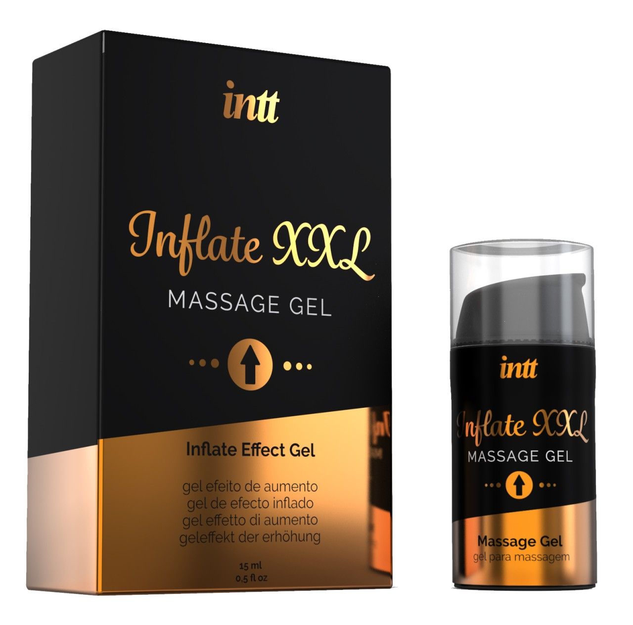 Schwarze Schachtel und Flasche. Aufschrift: INTT Inflate XXL Massage Gel. Flasche daneben. Goldfarbene Akzente.