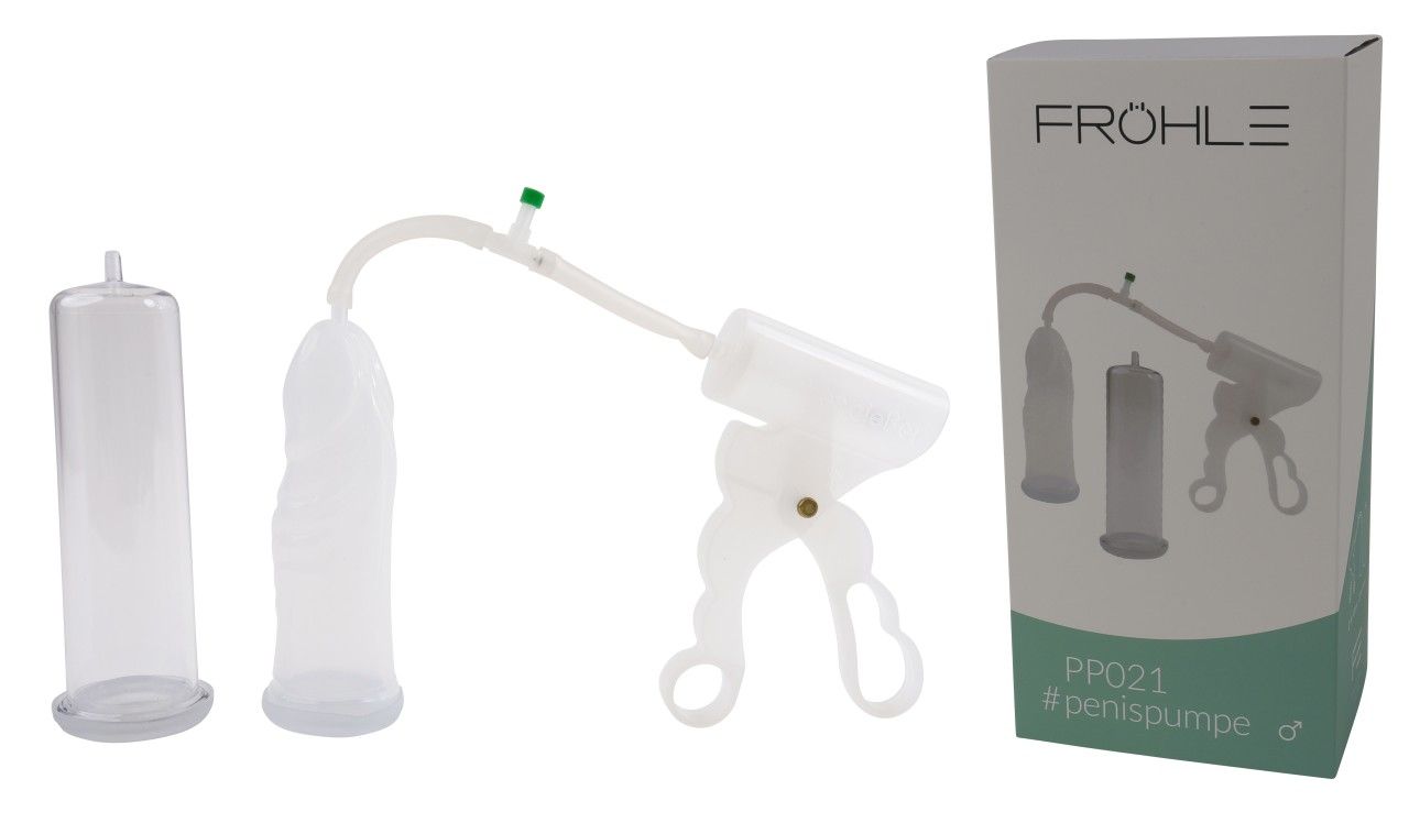Fröhle PP021 Penispumpe-Set Duo Extr mit Verpackung. Einzelteile und Karton nebeneinander. Produktname.