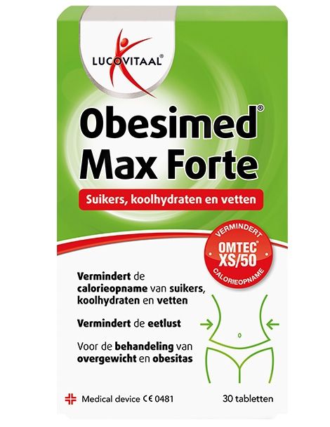 Packung Obesimed Max Forte mit 30 Tabletten, isoliert.
