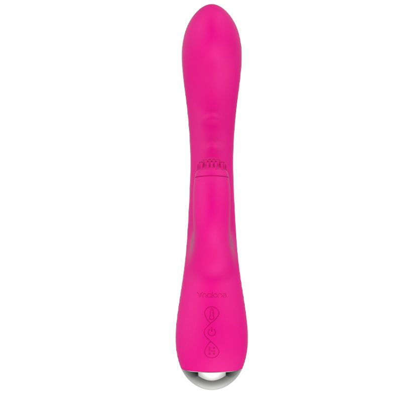 Pinkfarbener Vibrator mit länglicher Form. Am unteren Ende befindet sich eine silberne Kugel. Bedienknöpfe sind sichtbar.