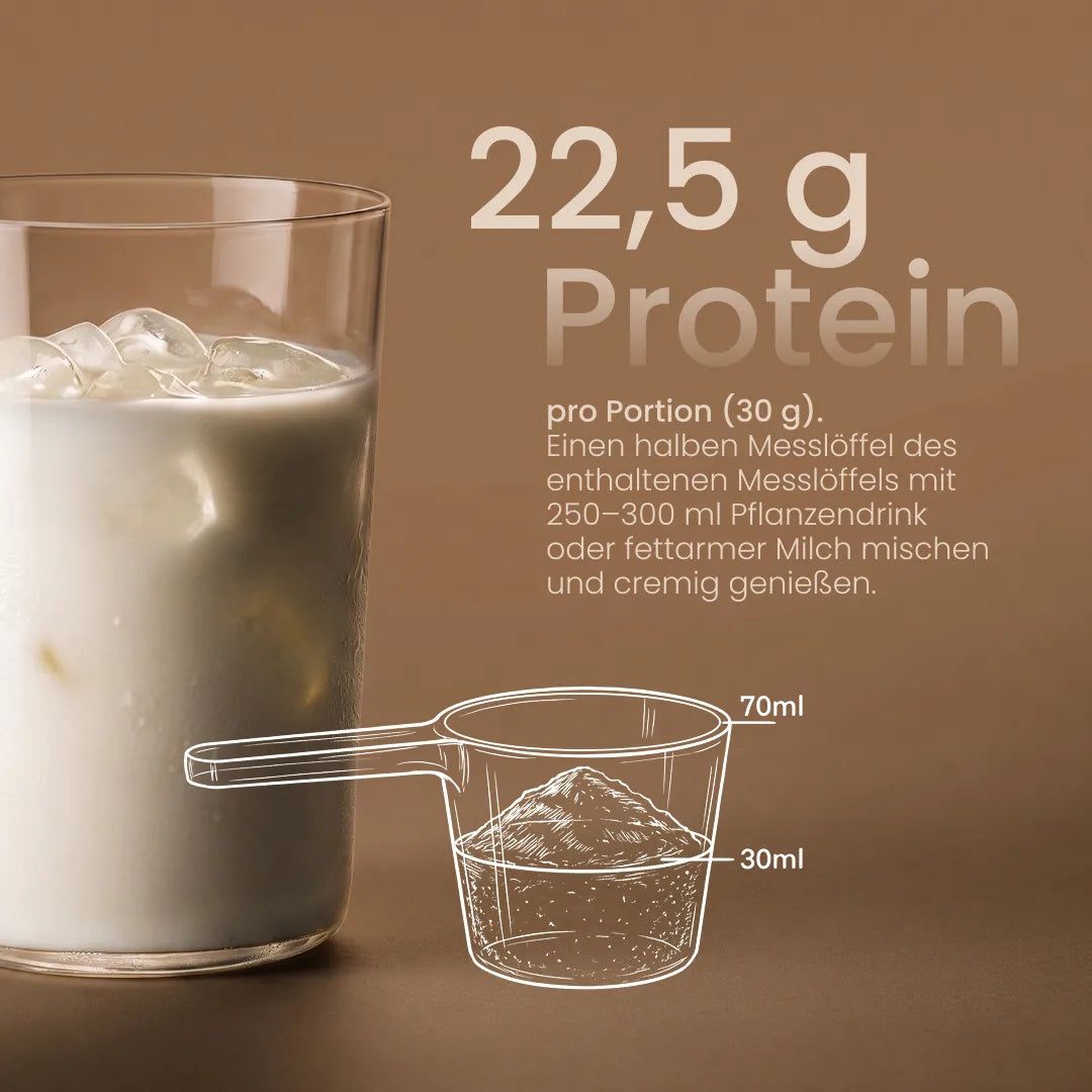 Glas mit Protein-Eiskaffee und Messlöffel mit Pulver, 22,5g Protein pro Portion.